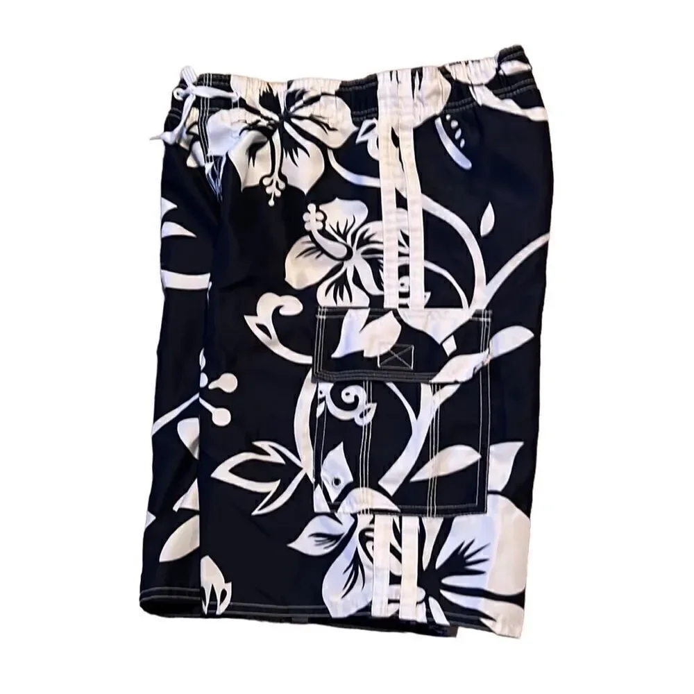 Old Navy Boys Large 10-12 Navy Blue & White Hibiscus Flowers Board Shorts Swim